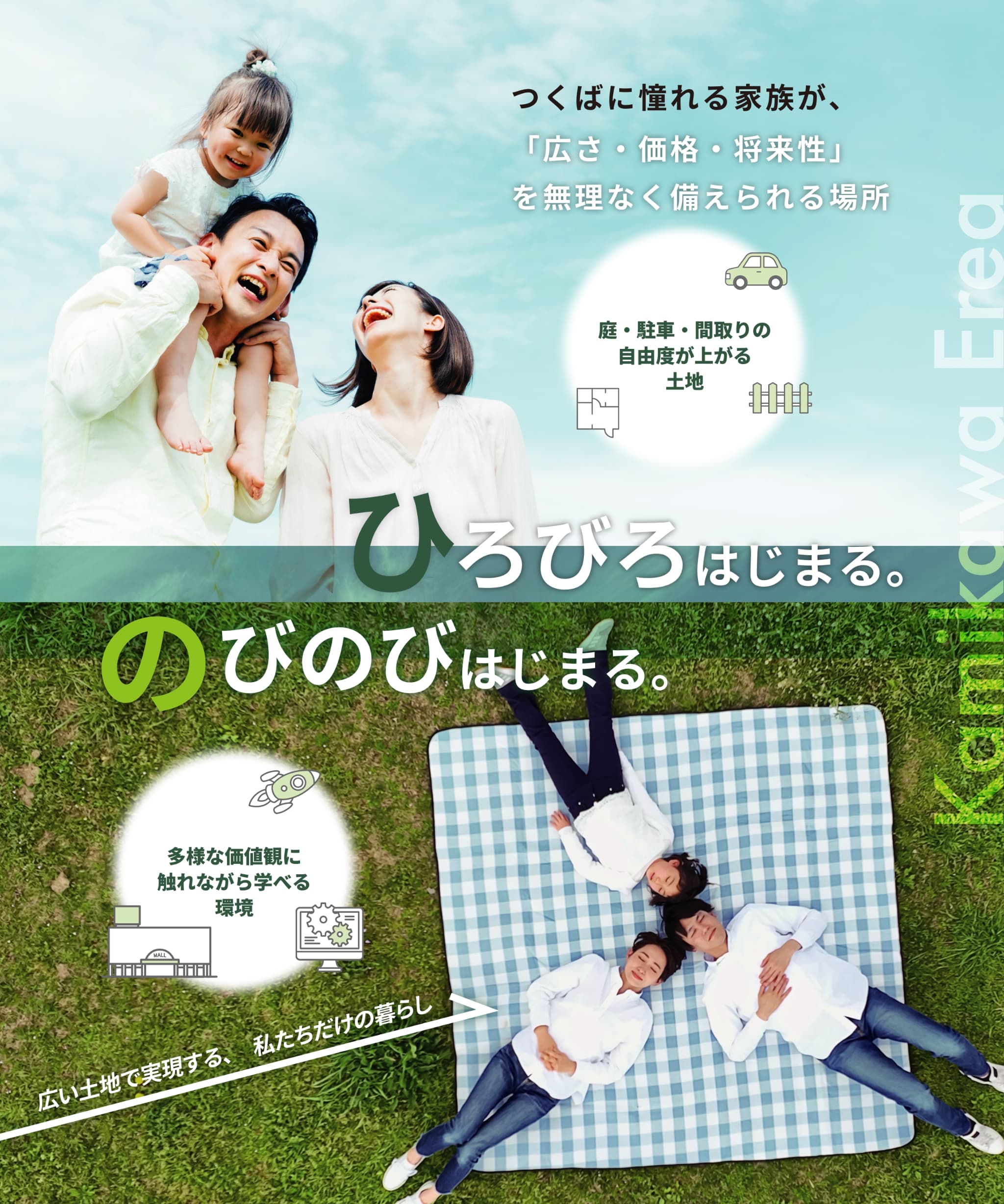 ひろびろ始まるのびのび始まる　つくばに憧れる家族が「広さ、価格、将来性」を無理なく、備えられる場所 庭・駐車・間取りの自由度が上がる土地 多様な価値観に触れながら、学べる環境 広い土地で実現する私たちだけの暮らし